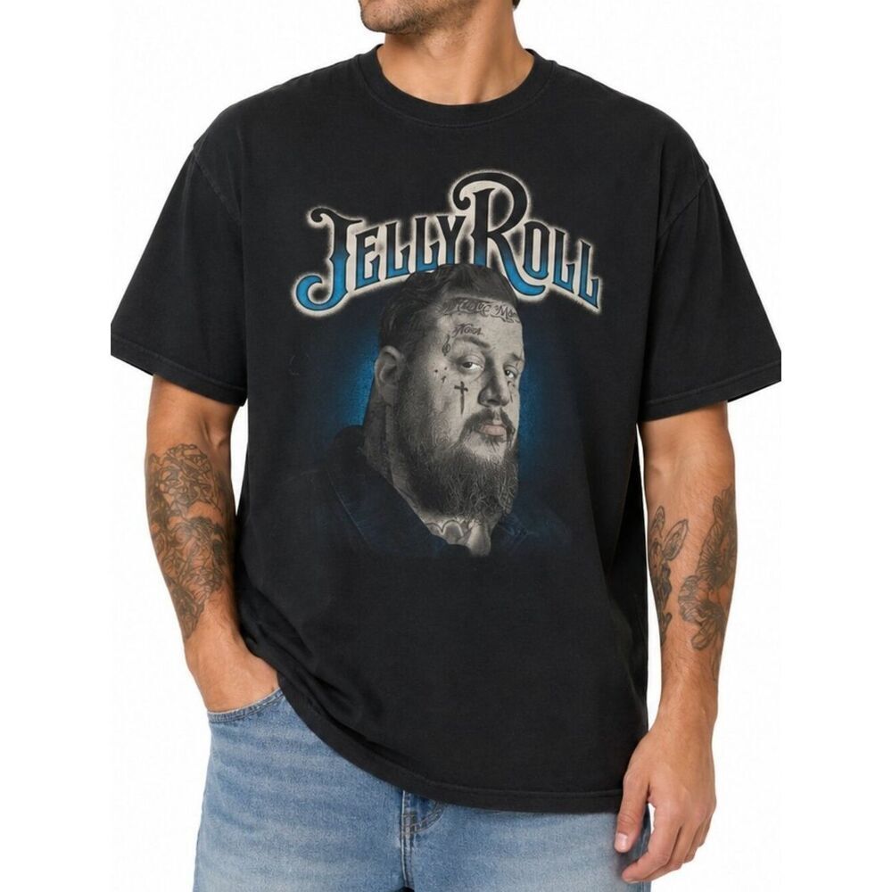 Jelly Roll Men's Black Portrait Tour Short Sleeve Crewneck Tshirt